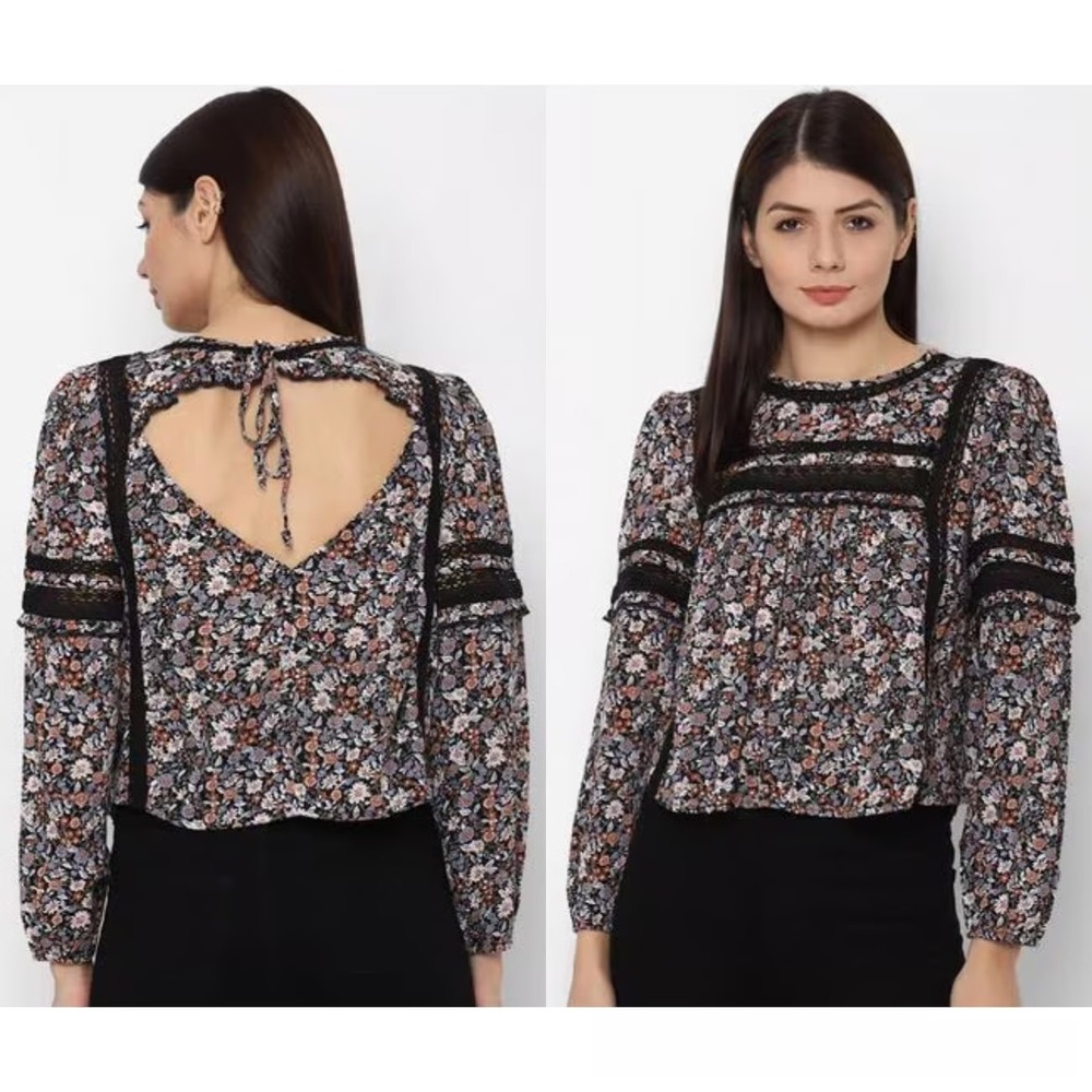 American Eagle Floral‎ Lace Trim Long Sleeve Blouse Womens Small Cute Top